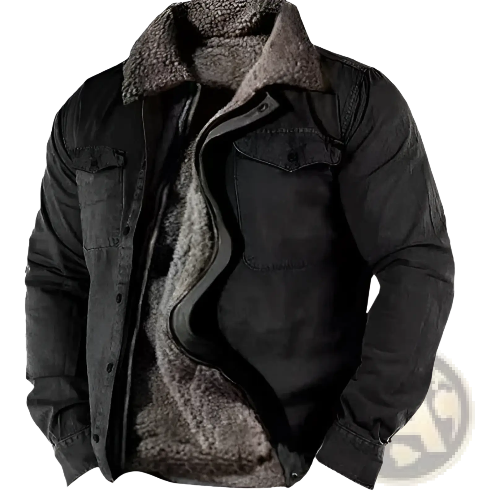Men’s fleece lined black denim jacket with plush gray shearling collar and lining for warmth and style