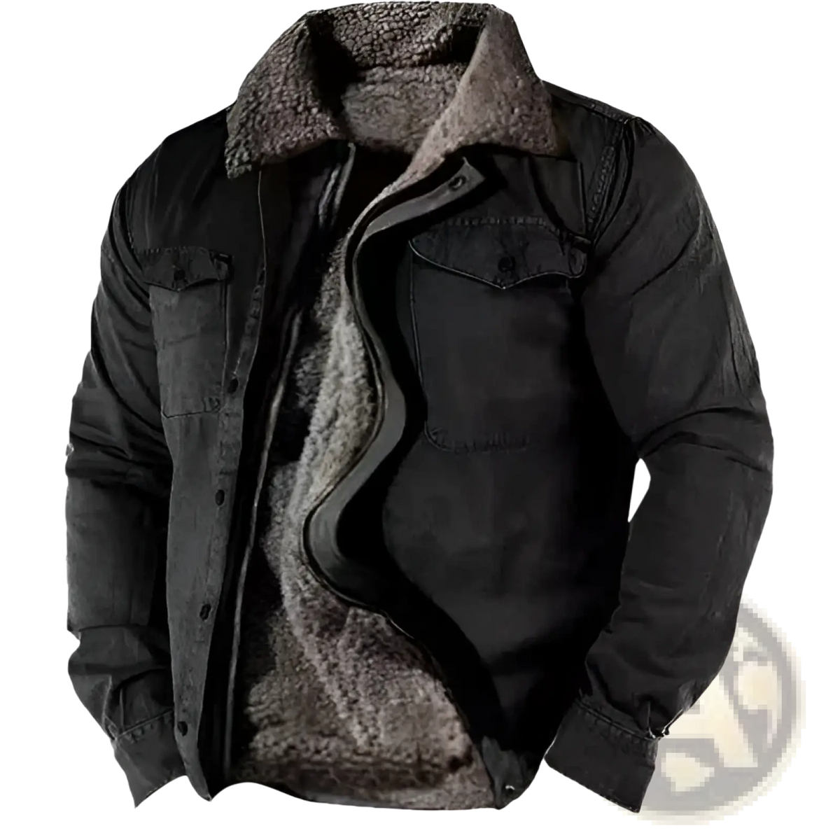 Men’s fleece lined black denim jacket with a plush gray shearling collar and interior for warmth and style
