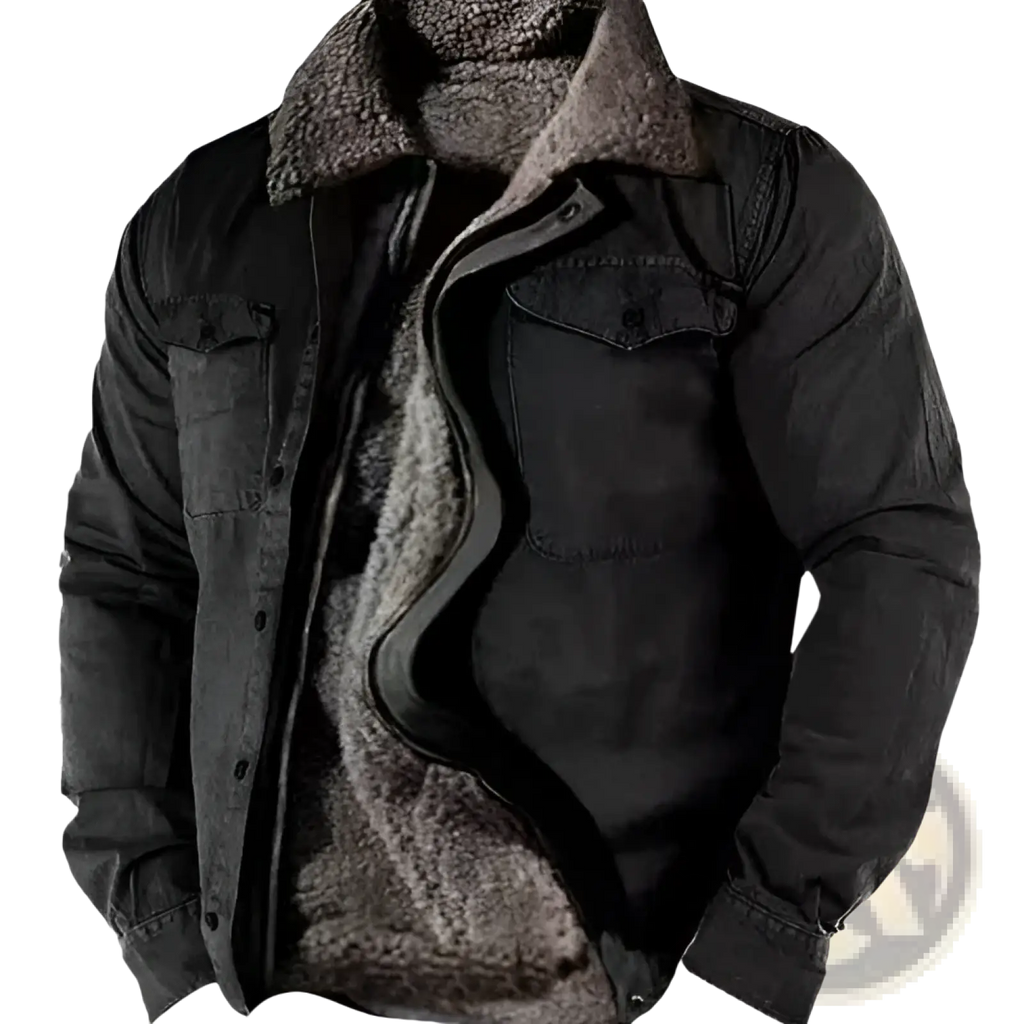 Men’s fleece lined black denim jacket featuring a plush gray shearling-lined collar and interior for warmth