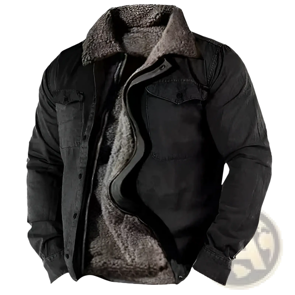Men’s fleece lined black denim jacket with plush brown shearling collar and interior lining for warmth and style