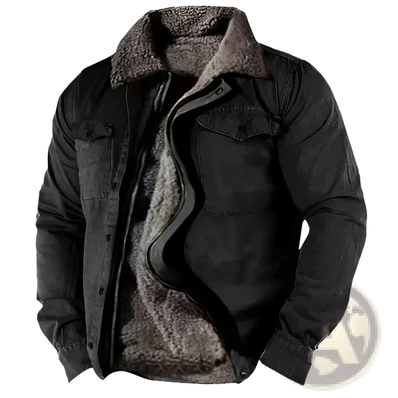 Men’s fleece lined black denim jacket with plush brown shearling collar and interior lining for warmth and style