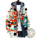 Men’s fleece lined camouflage hooded jacket with geometric orange teal and black pattern on light gray fabric