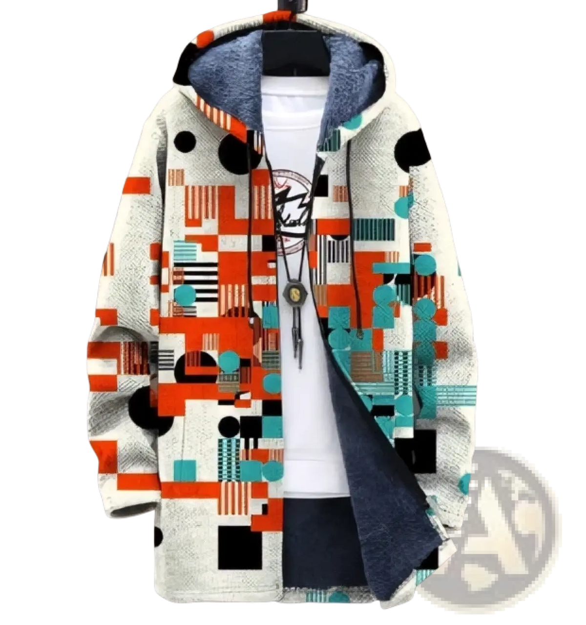 Men’s fleece lined camouflage hooded jacket with geometric orange teal and black pattern on light gray fabric