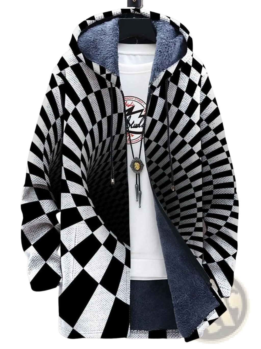 Men’s fleece lined camouflage hooded jacket in black and white checkered pattern with plush blue interior lining