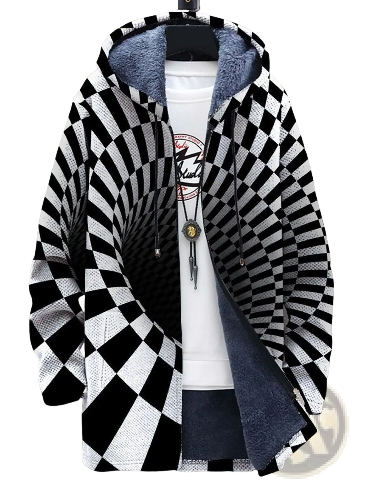 Men’s fleece lined camouflage hooded jacket in black and white checkered pattern with plush blue interior lining