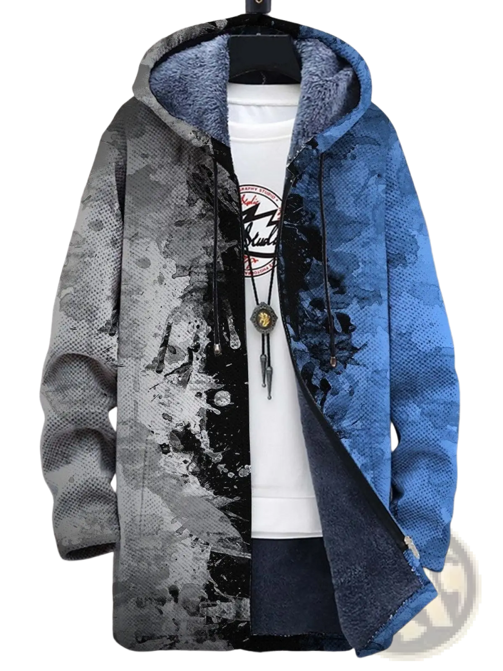 Men’s fleece lined camouflage hooded jacket in blue and gray with plush fleece interior for warmth and comfort