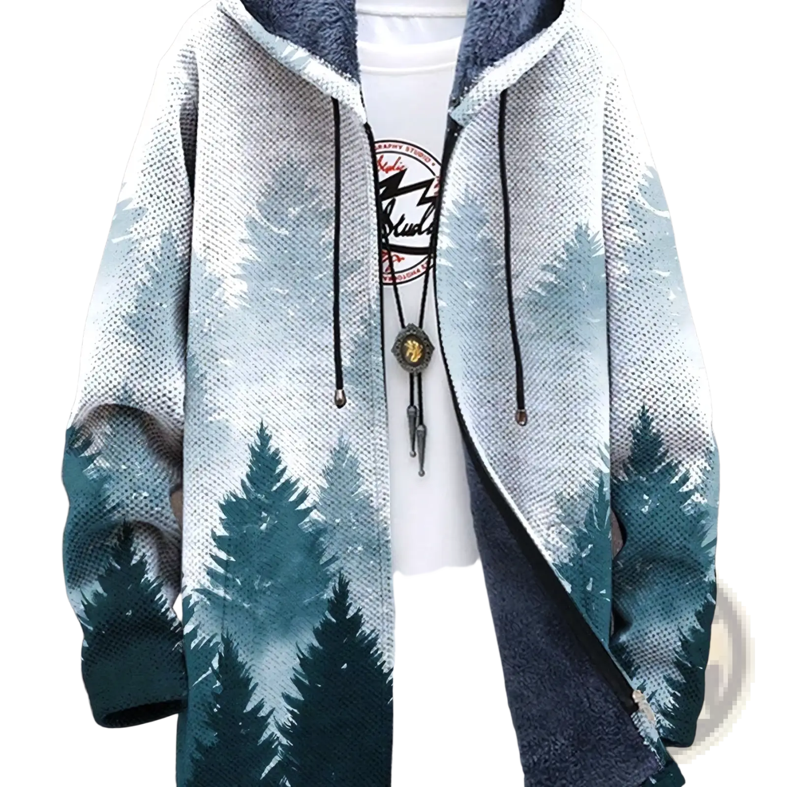 Men’s fleece lined camouflage hooded jacket with plush navy lining and gradient teal and white forest design