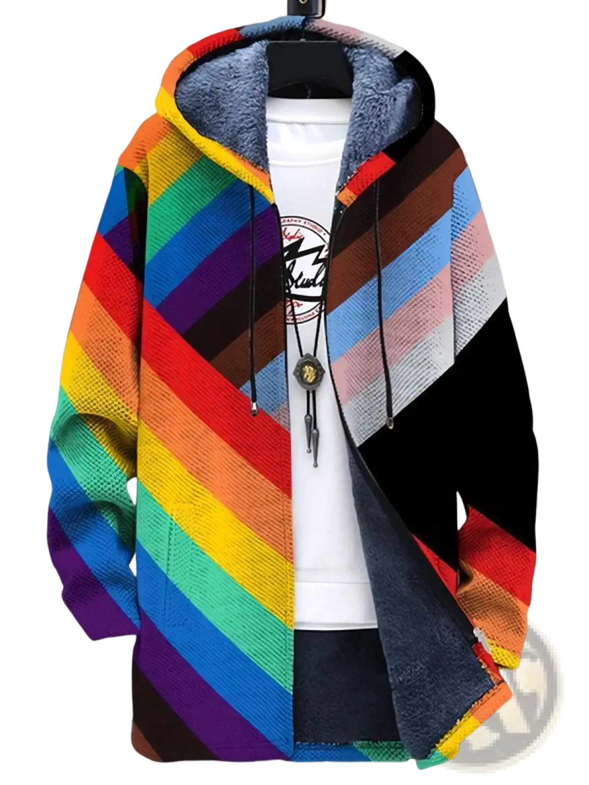 Men’s fleece lined camouflage hooded jacket with rainbow striped exterior and plush gray interior lining in vibrant diagonal blocks