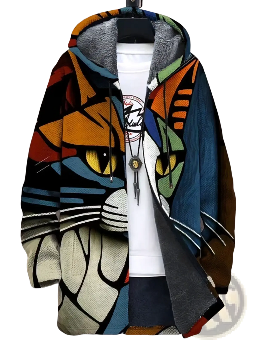 Men’s fleece lined camouflage hooded jacket with vibrant abstract cat face design in bold orange and blue on textured fabric