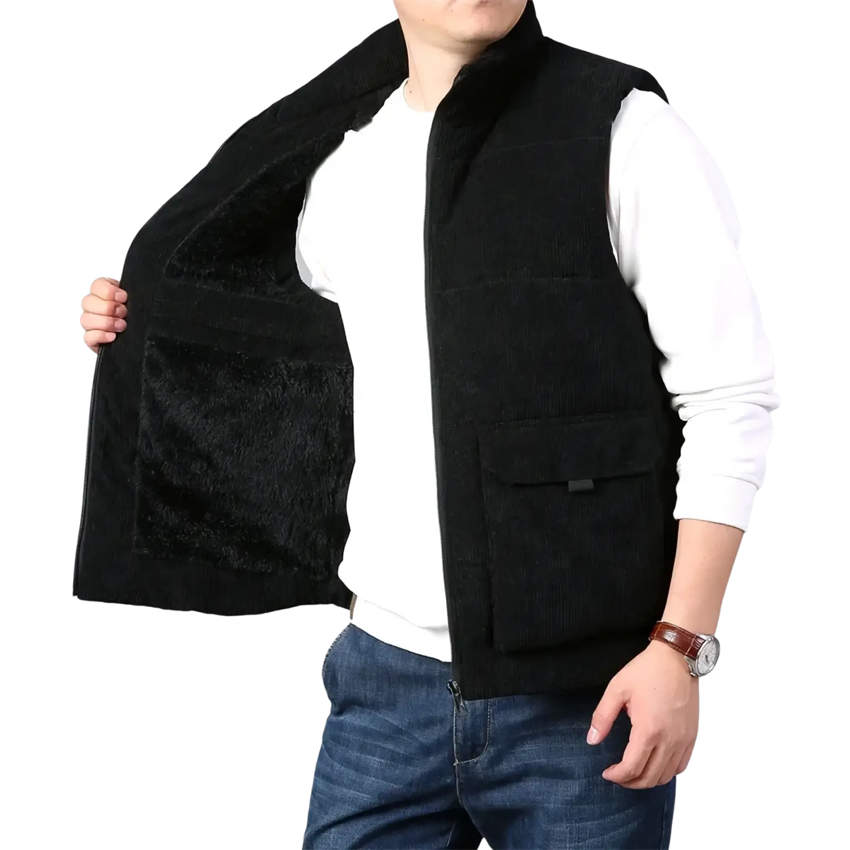 Men’s black corduroy winter vest with plush fleece lining and two front pockets for added warmth and style