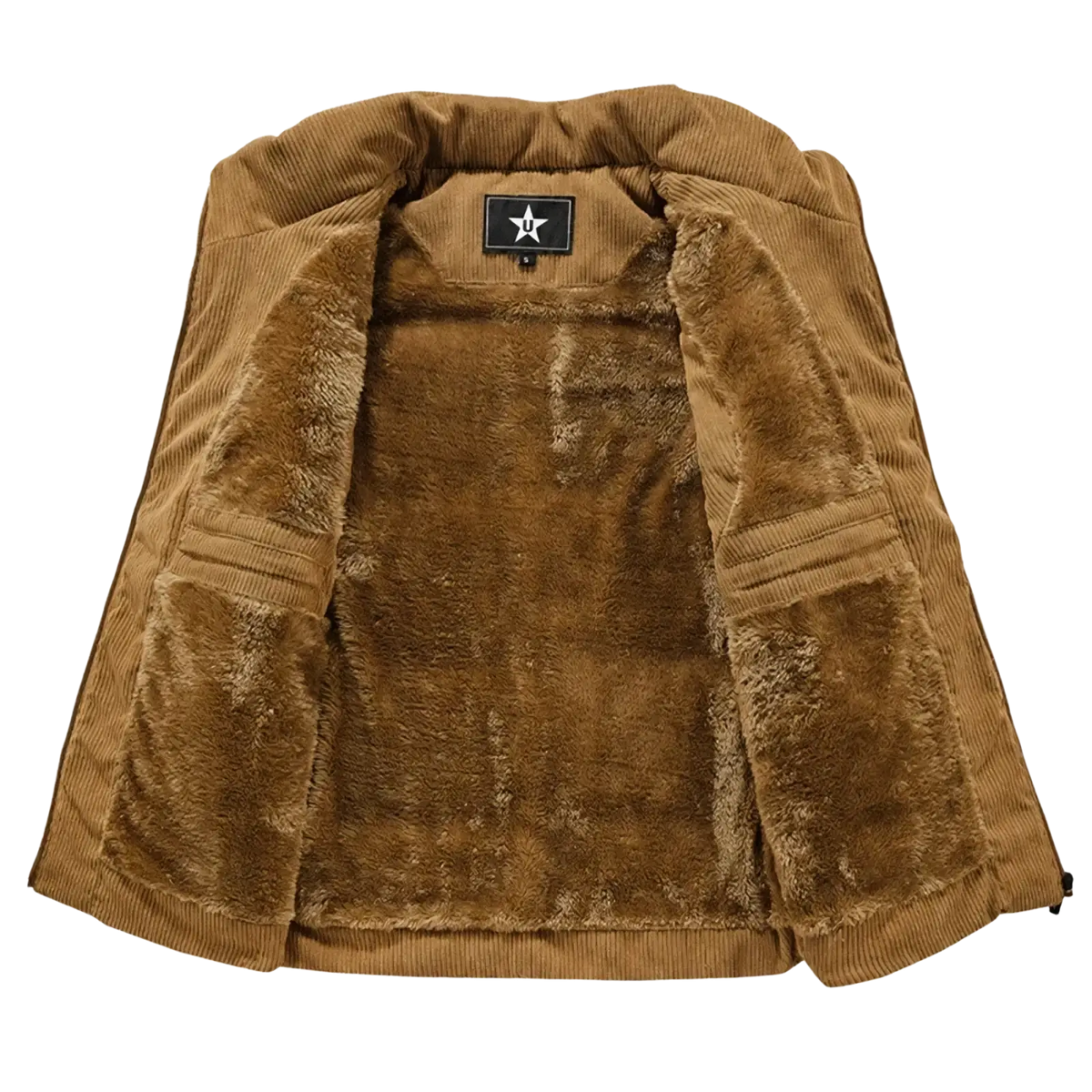 Men’s brown corduroy winter vest with plush fleece lining designed for warmth and style
