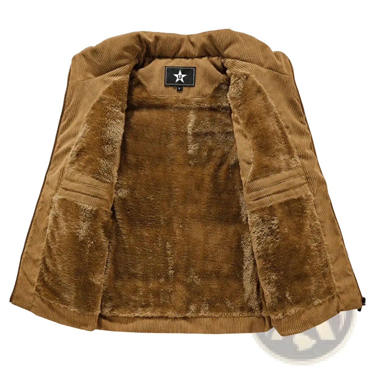 Men’s brown corduroy winter vest with plush fleece lining designed for warmth and style