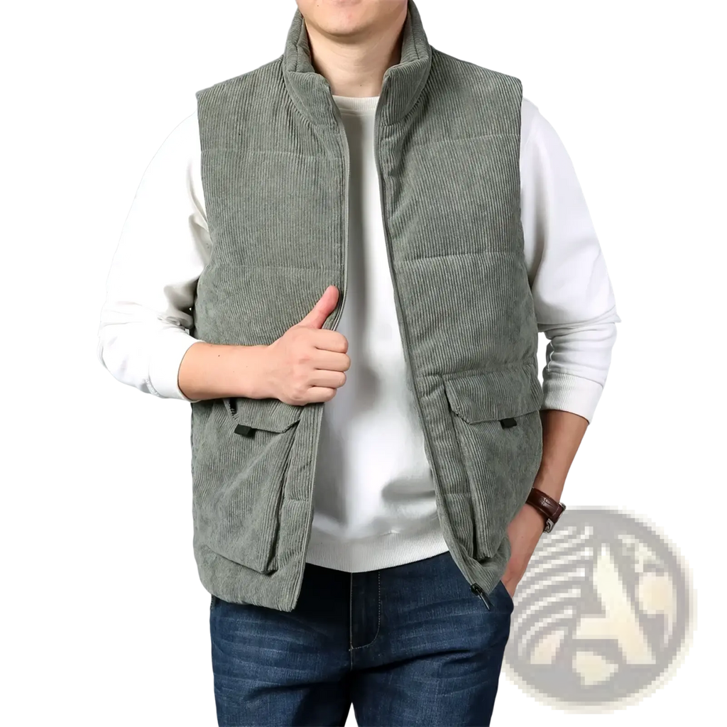 Men’s fleece lined corduroy winter vest in gray with quilted design, stand-up collar, and two front pockets