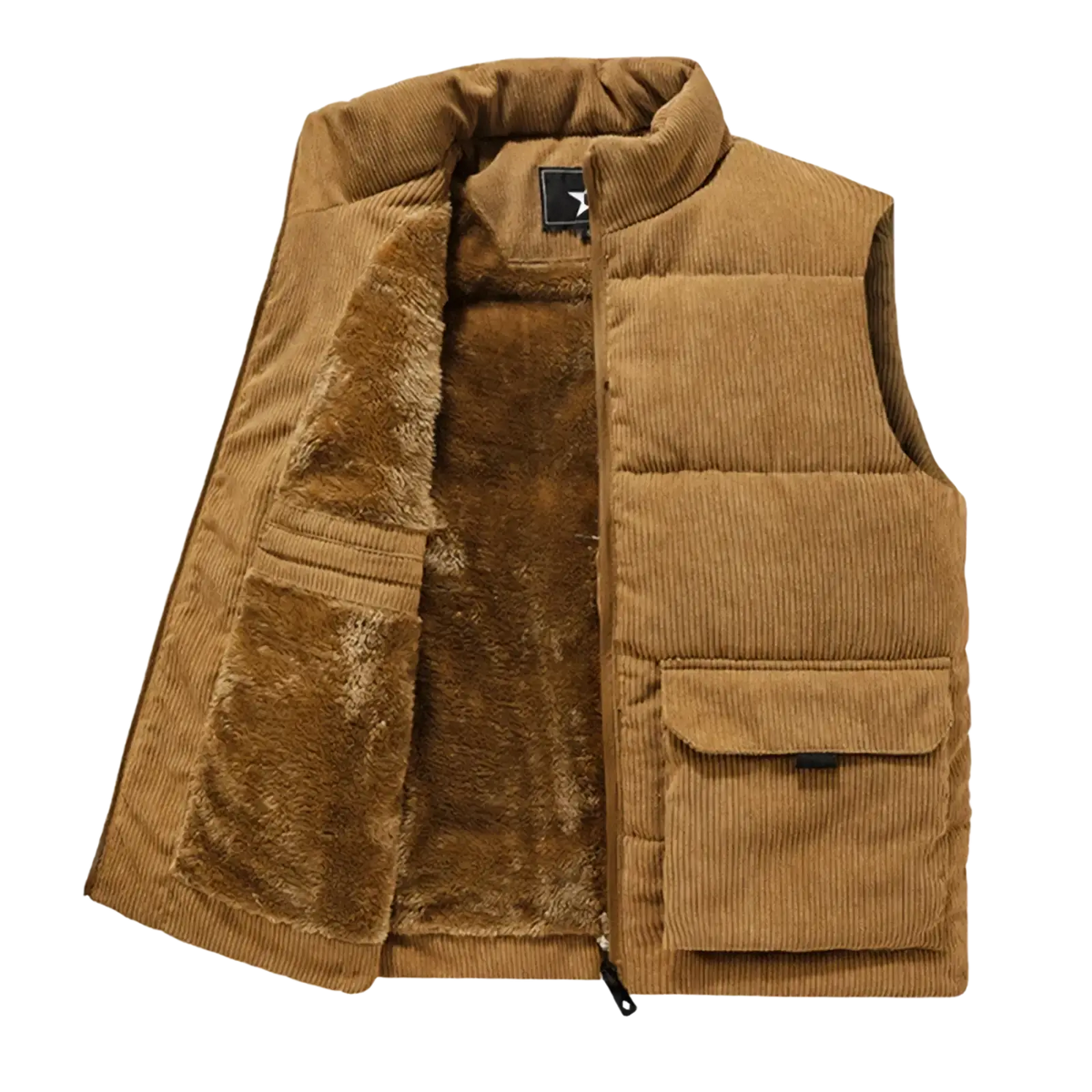 Men’s fleece lined corduroy winter vest in tan with plush brown fleece lining and two front pockets