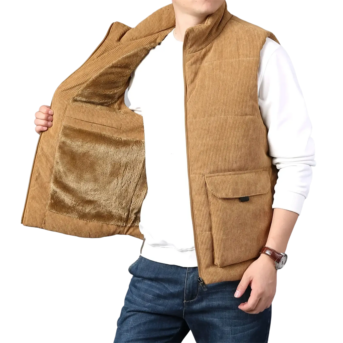 Men’s tan corduroy winter vest with plush fleece lining and two front pockets for added warmth and style