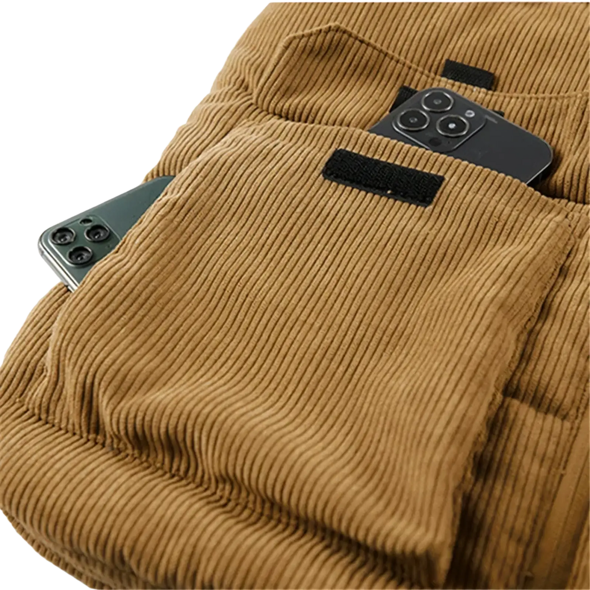 Tan corduroy pants with ribbed texture and black velcro patch pockets complementing mens fleece lined corduroy winter vest