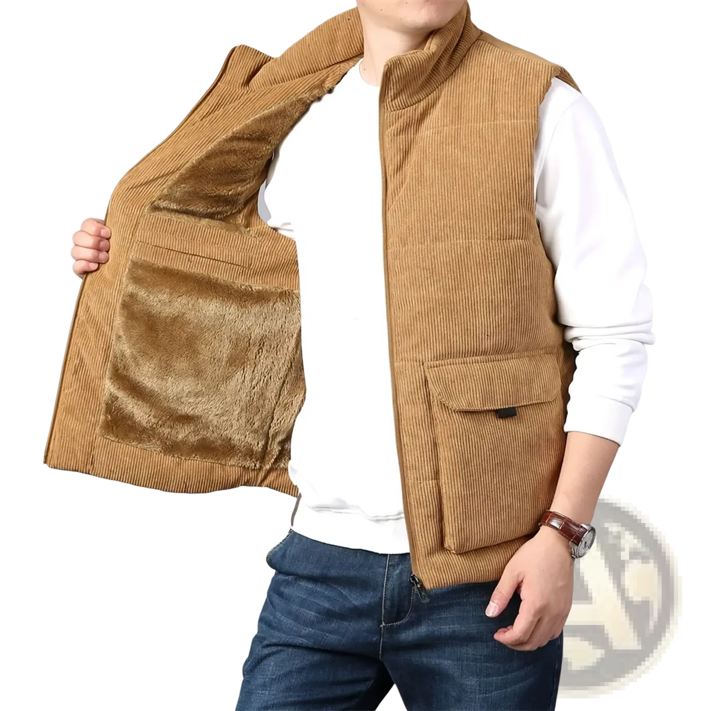 Men’s tan corduroy winter vest with plush fleece lining and two front pockets for added warmth and style