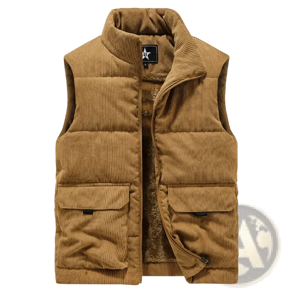 Men’s tan corduroy winter vest with plush fleece lining and two front pockets for warmth and style