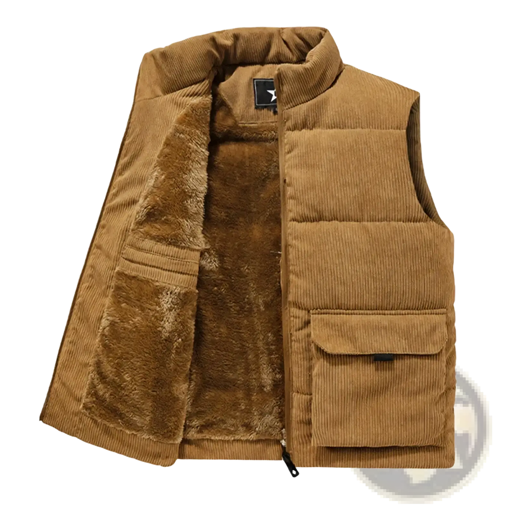 Men’s fleece lined corduroy winter vest in tan with plush brown fleece lining and two front pockets