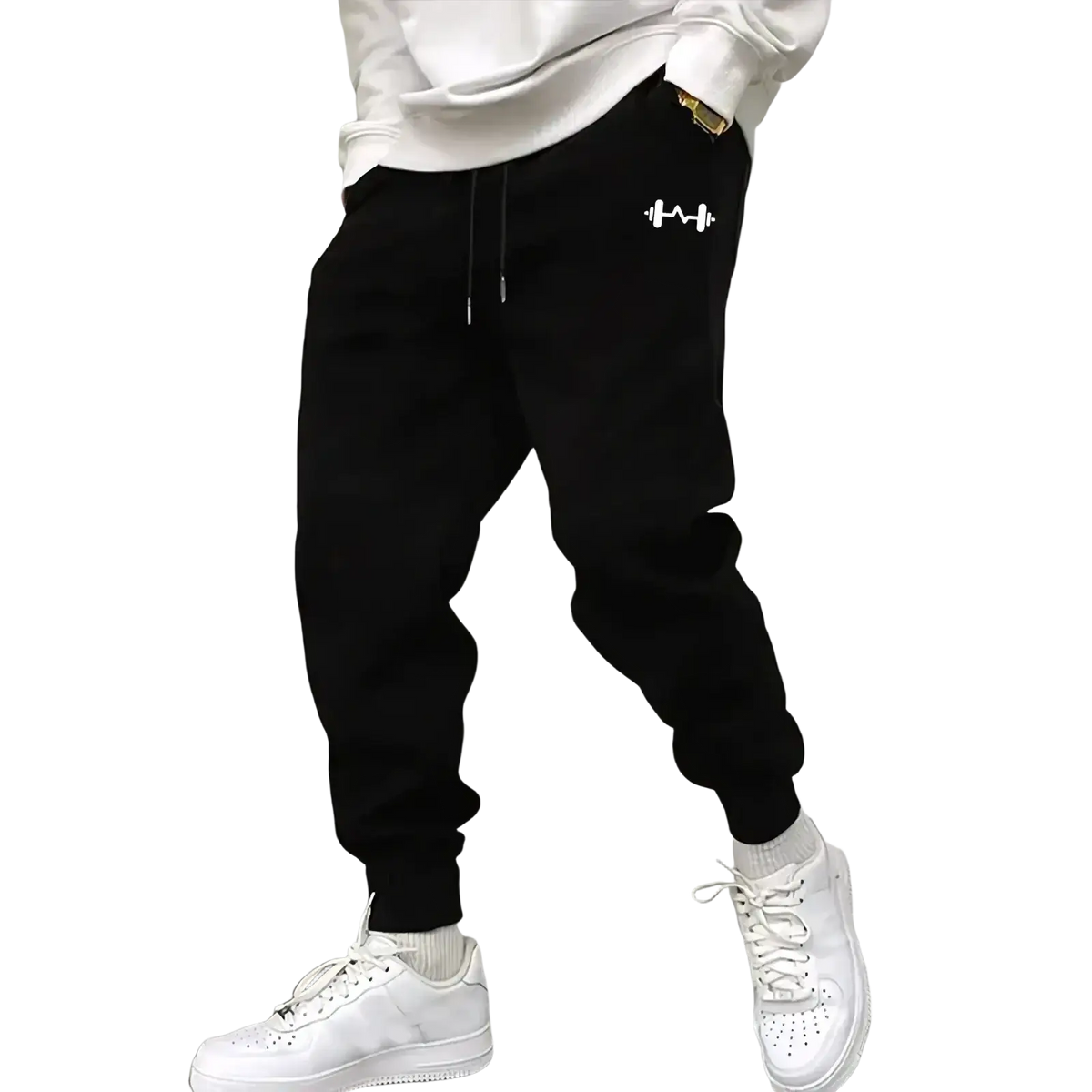 Mens black fleece lined joggers with white fitness graphic on left thigh and matching drawstrings for comfort
