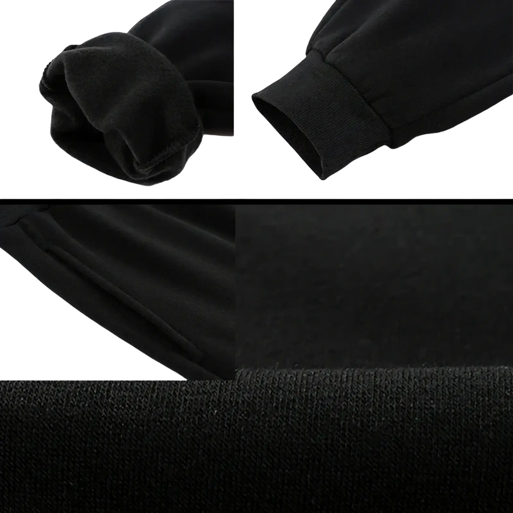Black fleece lined mens joggers sweatpants showing close-up of ribbed knit cuffs with fleece lining for warmth