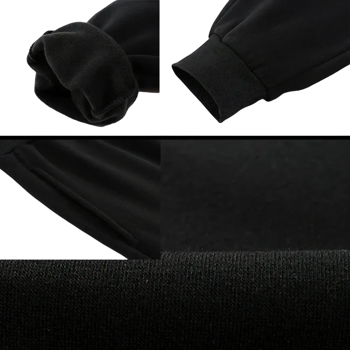 Black fleece lined mens joggers sweatpants showing close-up of ribbed knit cuffs with fleece lining for warmth