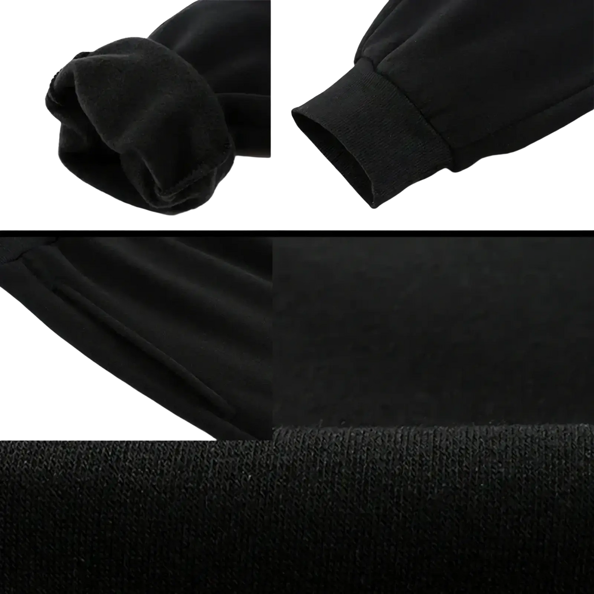 Black velour sleeve with ribbed cuffs showcasing the soft texture of mens fleece lined joggers sweatpants