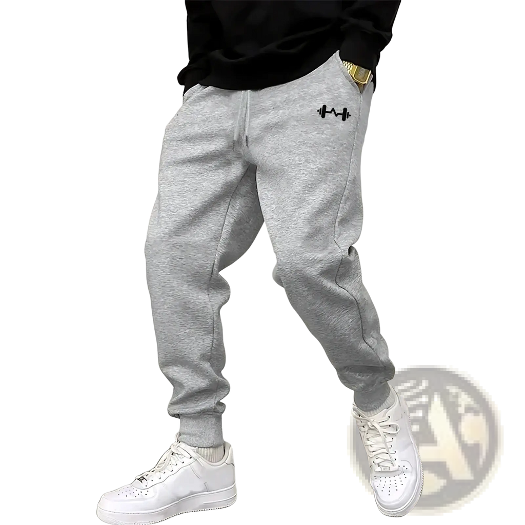 Mens fleece lined joggers sweatpants in gray heather with black embroidered dumbbell logo on the left thigh