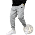Mens fleece lined joggers sweatpants in gray heather with black embroidered dumbbell logo on the left thigh
