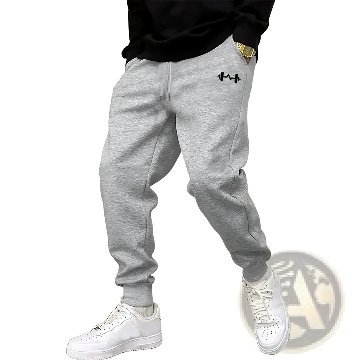 Mens fleece lined joggers sweatpants in gray heather with black embroidered dumbbell logo on the left thigh