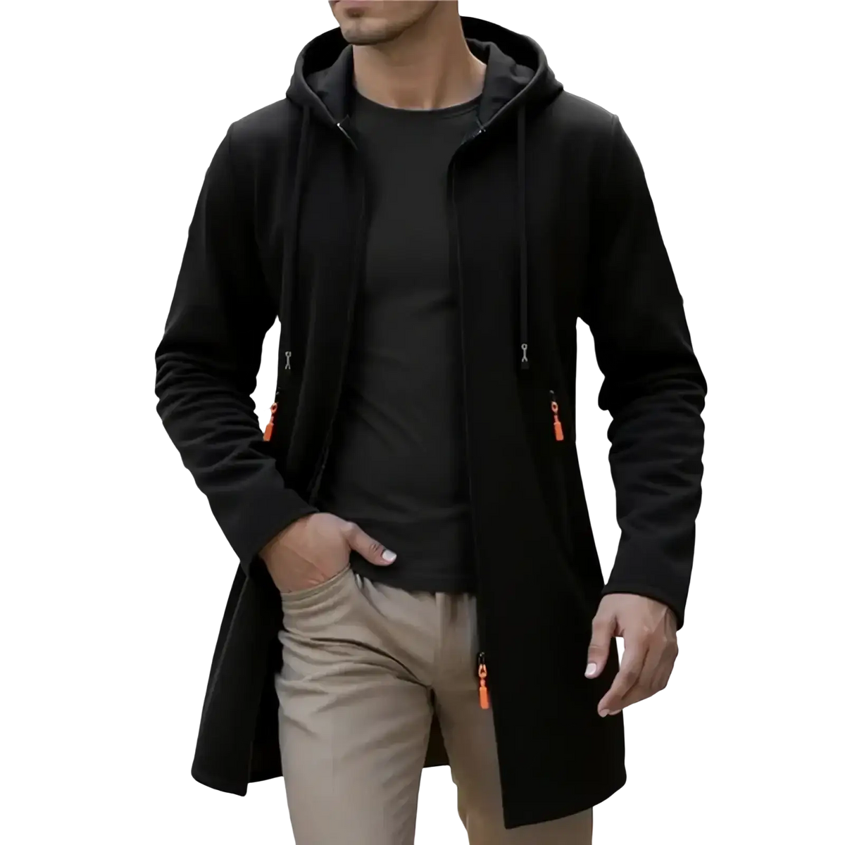 Men’s black fleece lined knit hooded jacket with orange zipper pulls for warmth and style