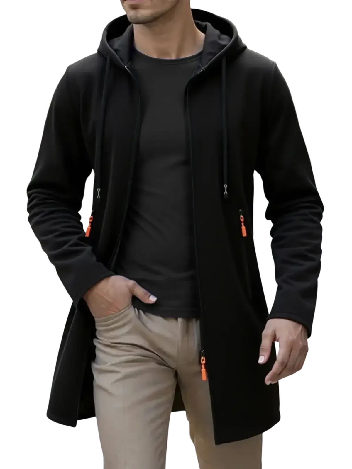 Men’s black fleece lined knit hooded jacket with orange zipper pulls designed for warmth and comfort