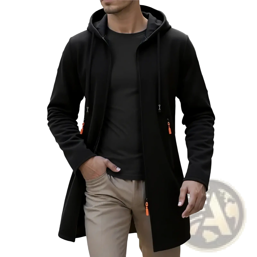 Men’s black fleece lined knit hooded jacket with orange zipper pulls and subtle logo on upper left chest