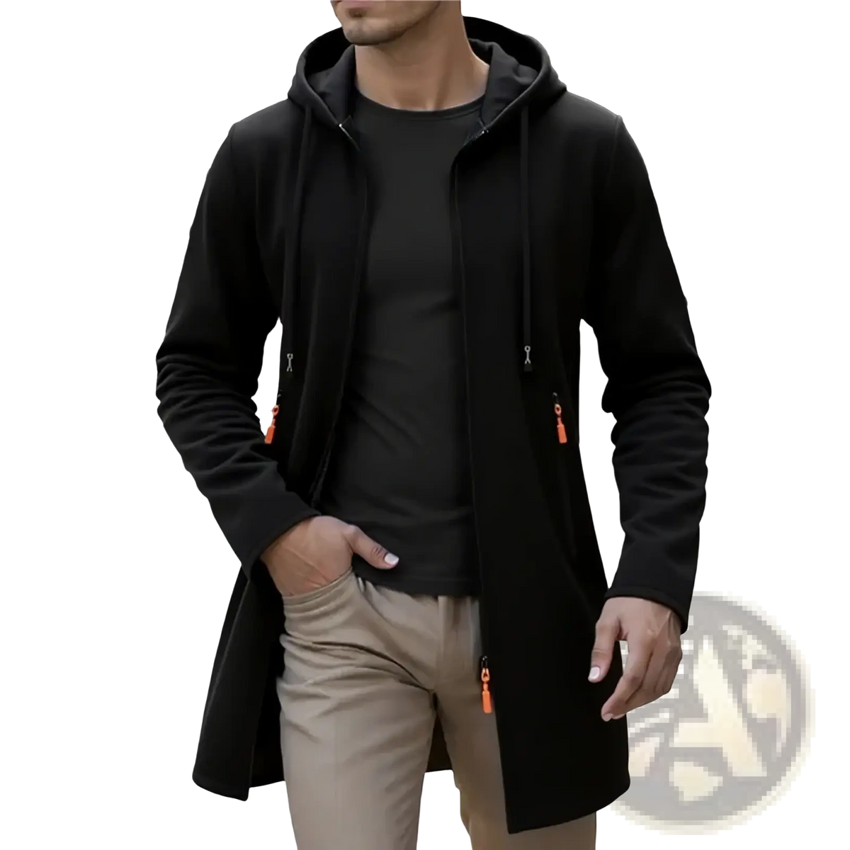 Men’s black fleece lined knit hooded jacket with orange zipper pulls and subtle logo on upper left chest
