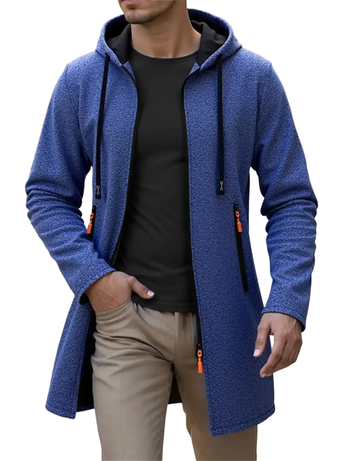 Men’s blue fleece lined knit hooded jacket with black inner lining and orange zipper pulls for cold weather use
