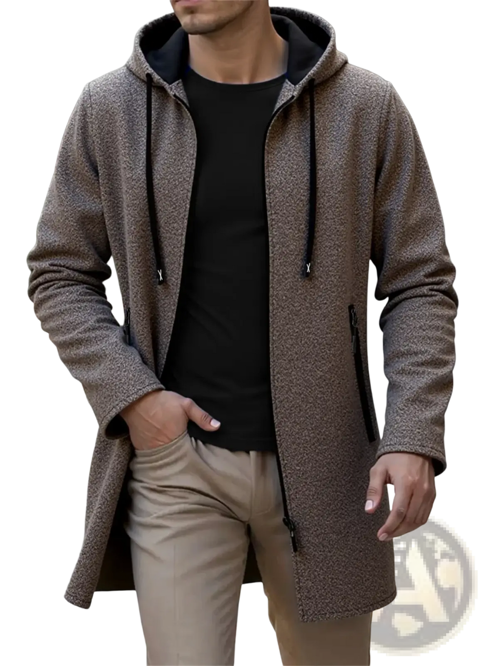 Men’s fleece lined knit hooded jacket in brown textured fabric with black drawstrings and zipper accents