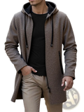 Men’s fleece lined knit hooded jacket in brown textured fabric with black drawstrings and zipper accents