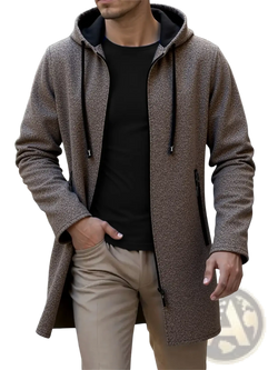 Men’s fleece lined knit hooded jacket in brown textured fabric with black drawstrings and zipper accents
