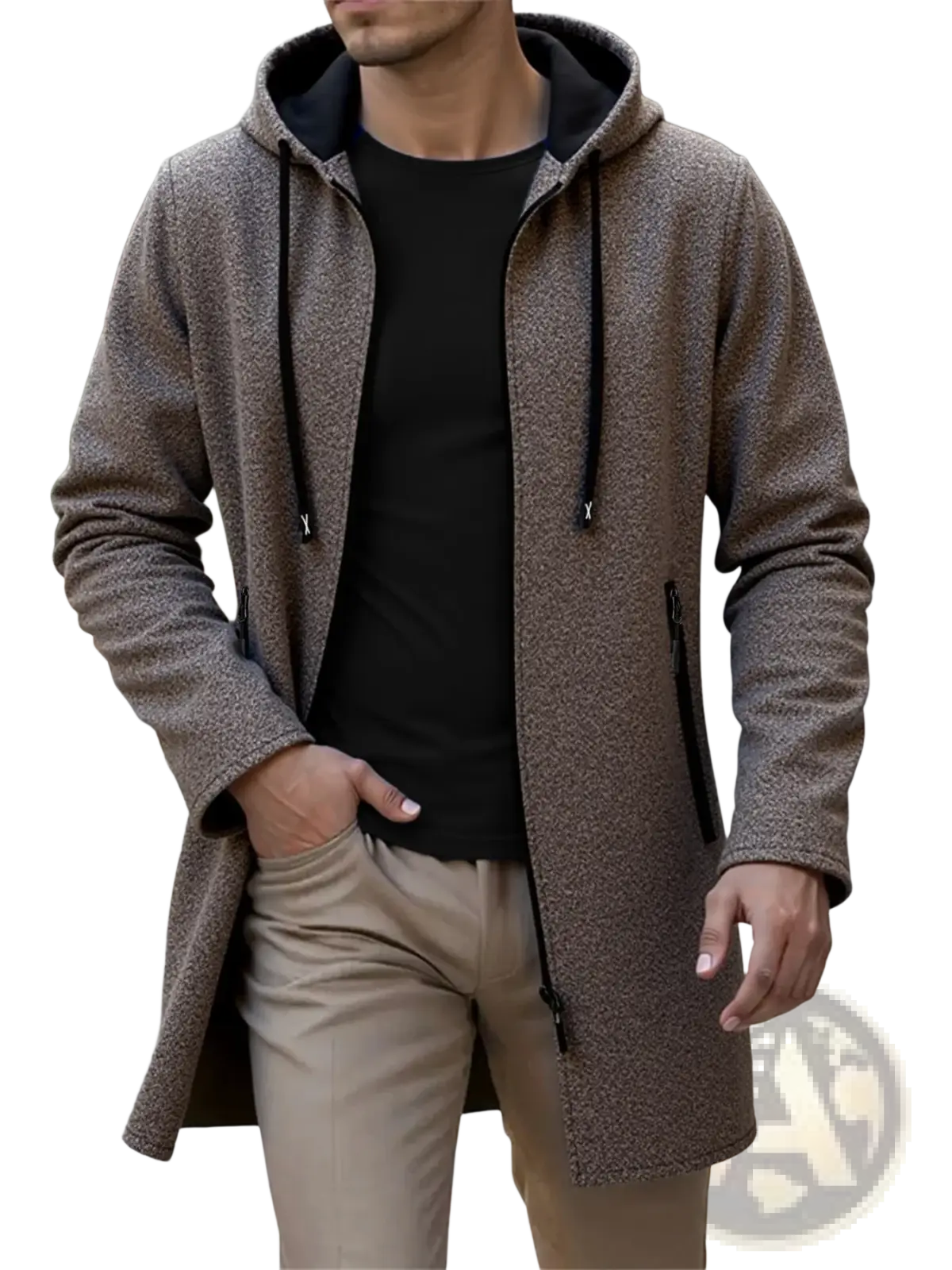 Men’s fleece lined knit hooded jacket in brown textured fabric with black drawstrings and zipper accents