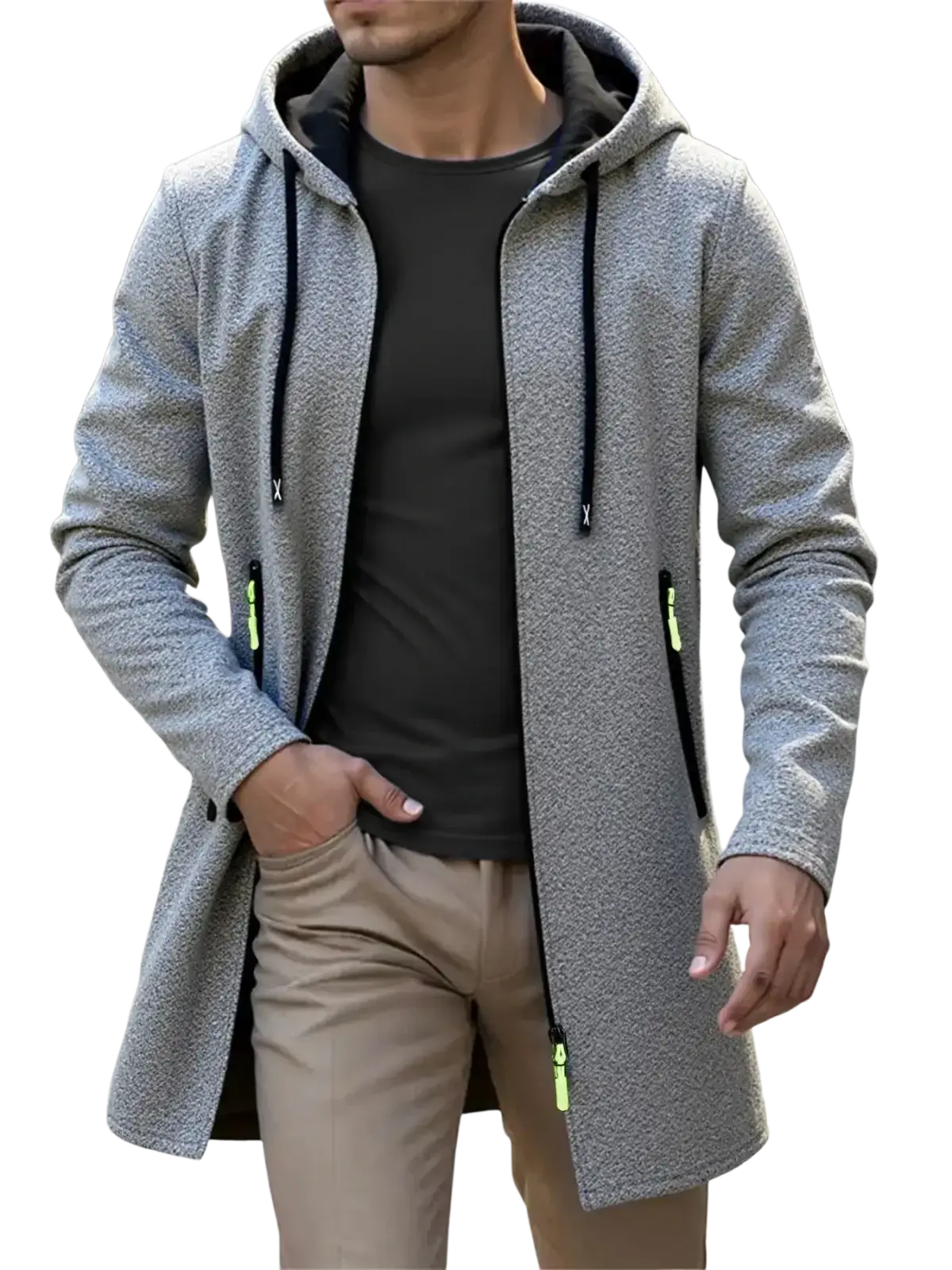 Men’s gray fleece lined knit hooded jacket with black drawstrings and neon green zipper pulls