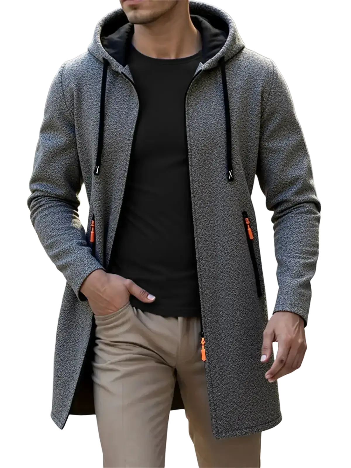 Men’s fleece lined knit hooded jacket in gray with black inner lining and orange zipper pulls for warmth and style