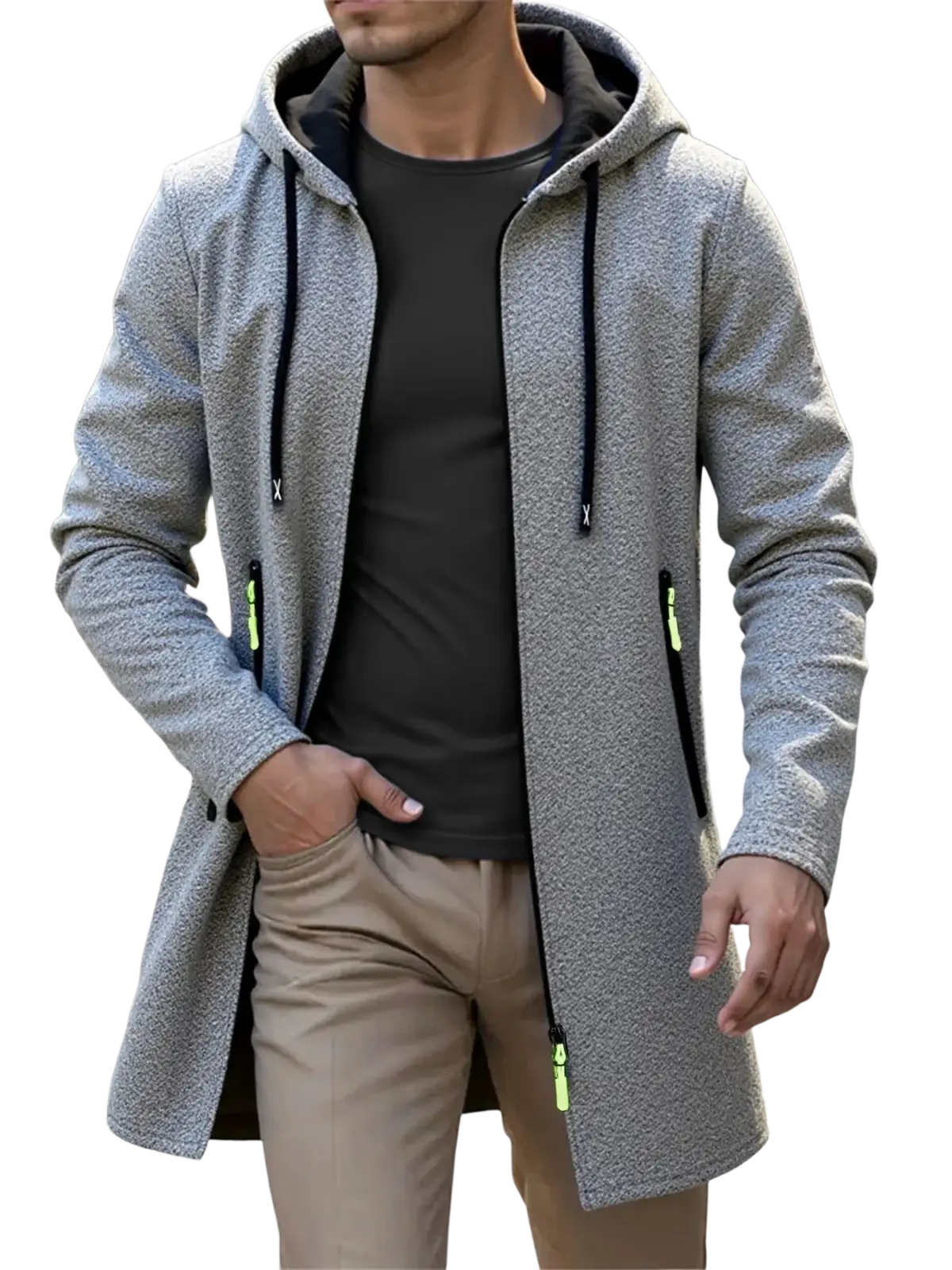 Men’s fleece lined knit hooded jacket in gray with black inner lining and neon green zipper pulls showing back side