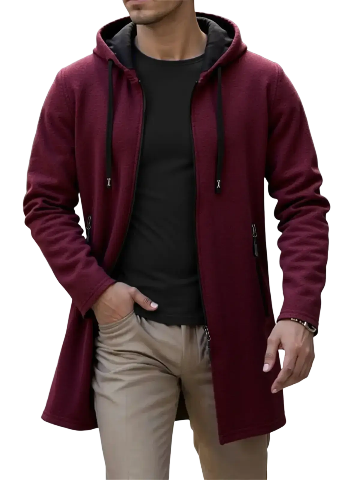 Men’s maroon fleece lined knit hooded jacket with black inner lining and drawstrings for cold weather use