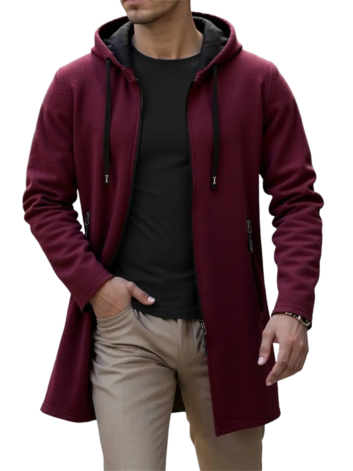 Men’s fleece lined knit hooded jacket in maroon with black inner lining zip-up and drawstrings