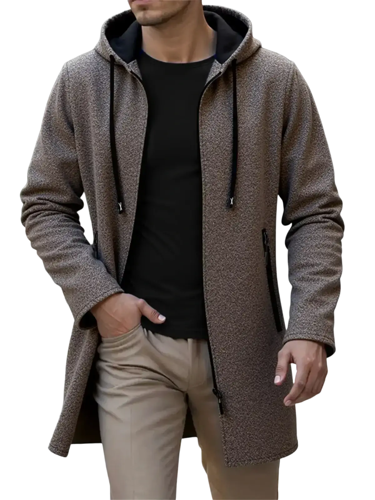 Textured gray fleece lined knit hooded jacket for men with black drawstrings and zipper accents