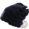 Black knitted fleece lined men’s winter beanie hat with ribbed texture and small rectangular side label