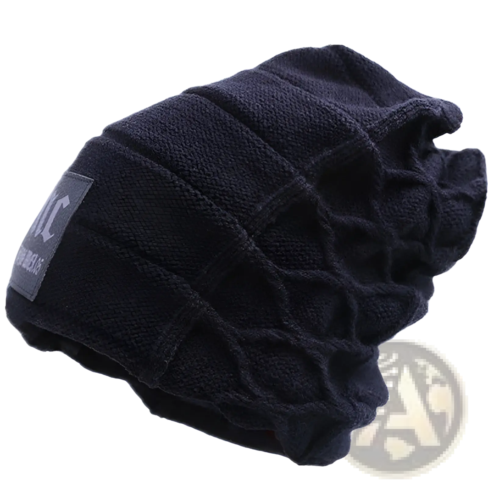 Black knitted fleece lined men’s winter beanie hat with ribbed texture and small rectangular side label