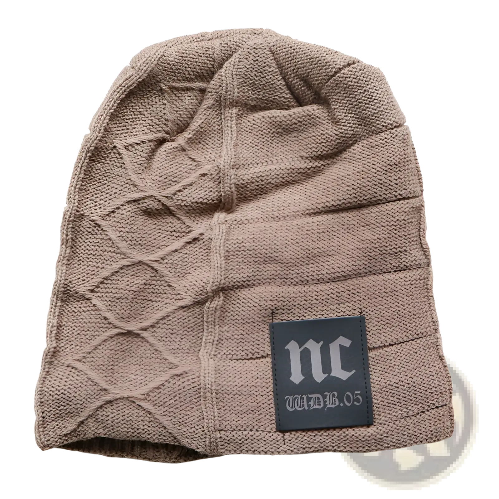 Men’s beige fleece lined knitted winter beanie hat with diamond cable knit and black nc logo patch