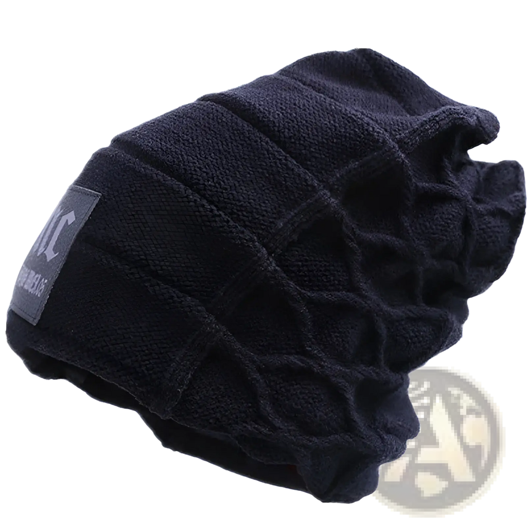 Black knitted men’s fleece lined winter beanie hat with ribbed pattern and small rectangular label on the side