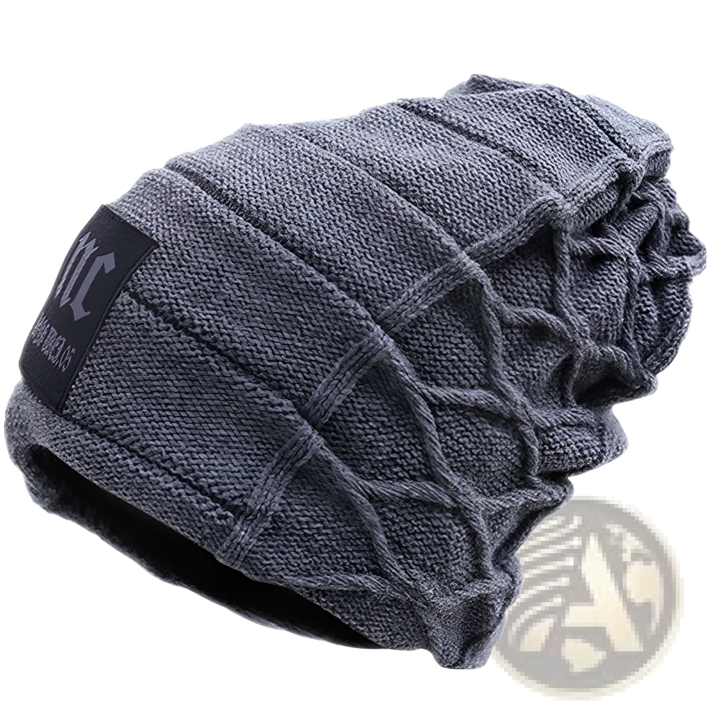 Men’s dark gray fleece lined knitted winter beanie hat with cable knit texture and black side patch